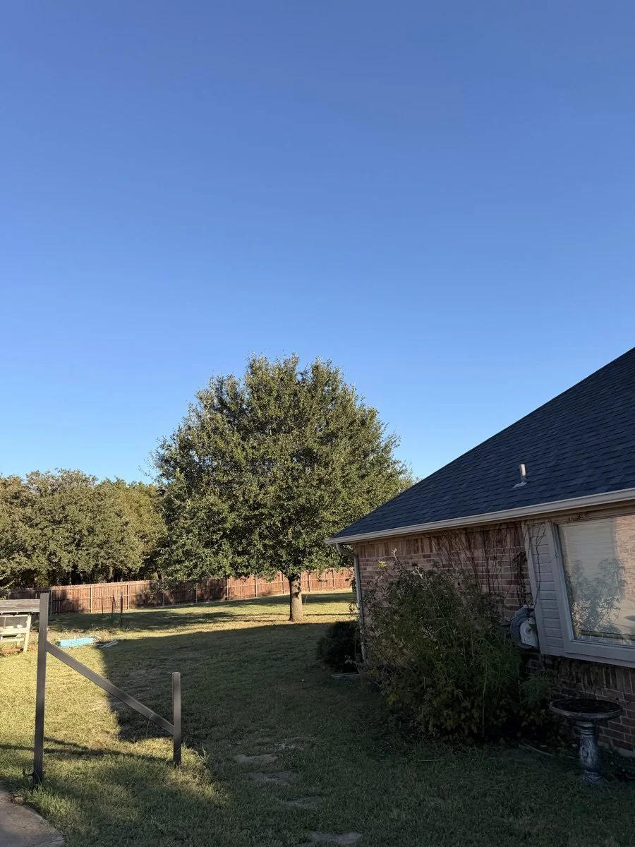 Mowed residential lawn beside a brick home and shade tree in Weatherford, Texas.