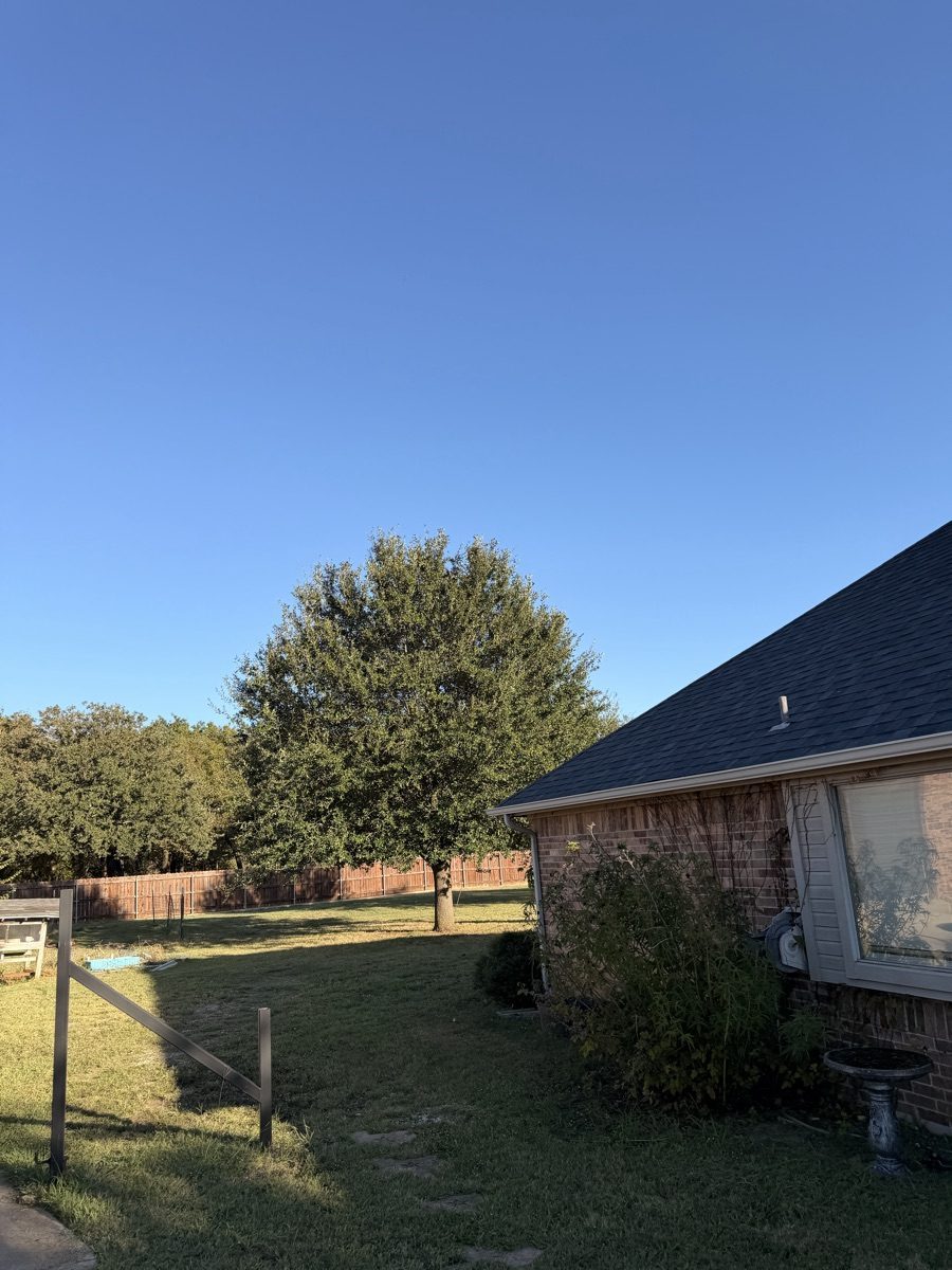 Mowed residential lawn beside a brick home and shade tree in Weatherford, Texas.